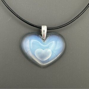 Lalique Sterling Silver Crystal Heart Pendant Leather Necklace-Opaque White